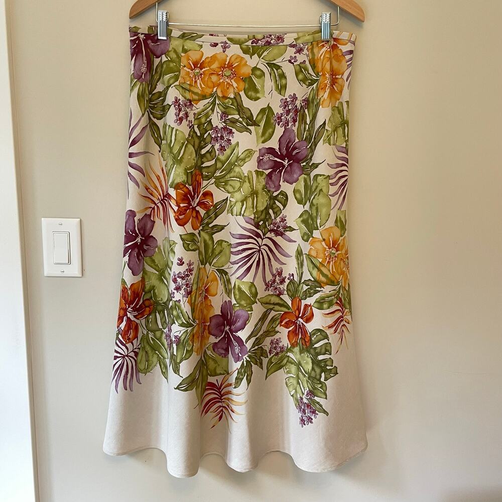 Talbots Skirt Linen & Silk Floral Tropical Midi A-Line Size 16 Lined Side Zip